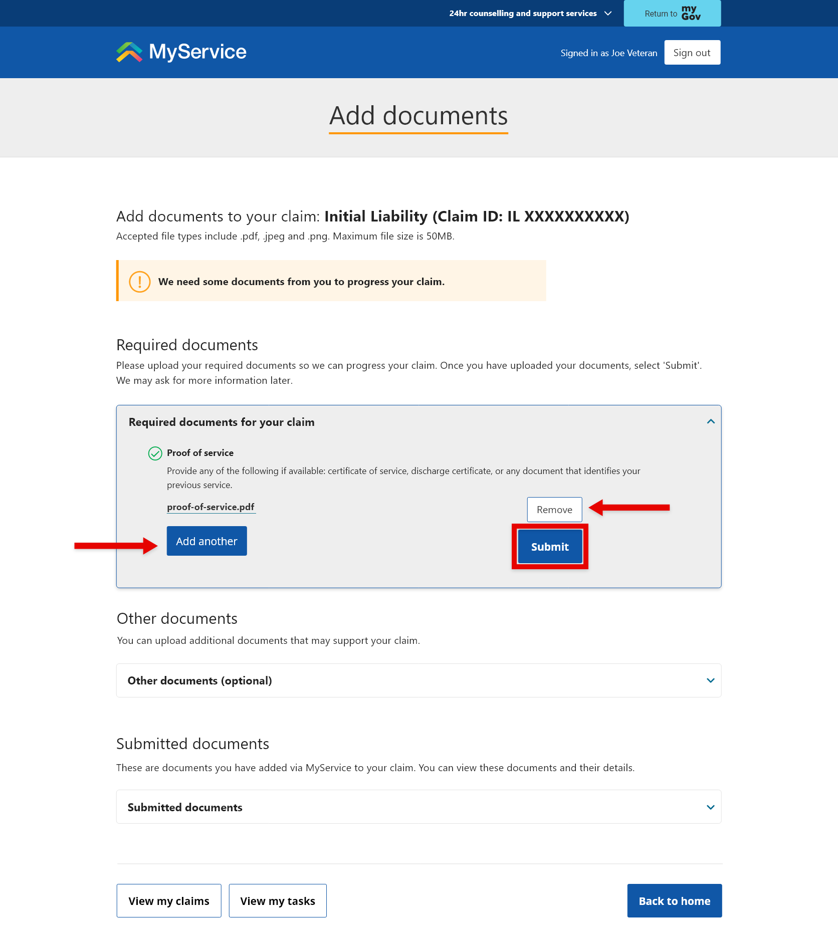 Step 4 - Add documents after you've submitted your claim if needed - Add documents