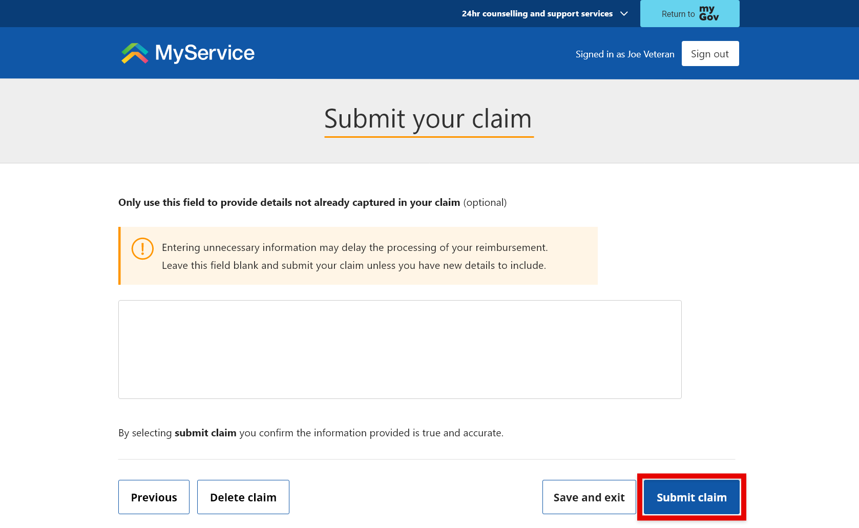 Submit your claim screen. 'Submit Claim' button selected.