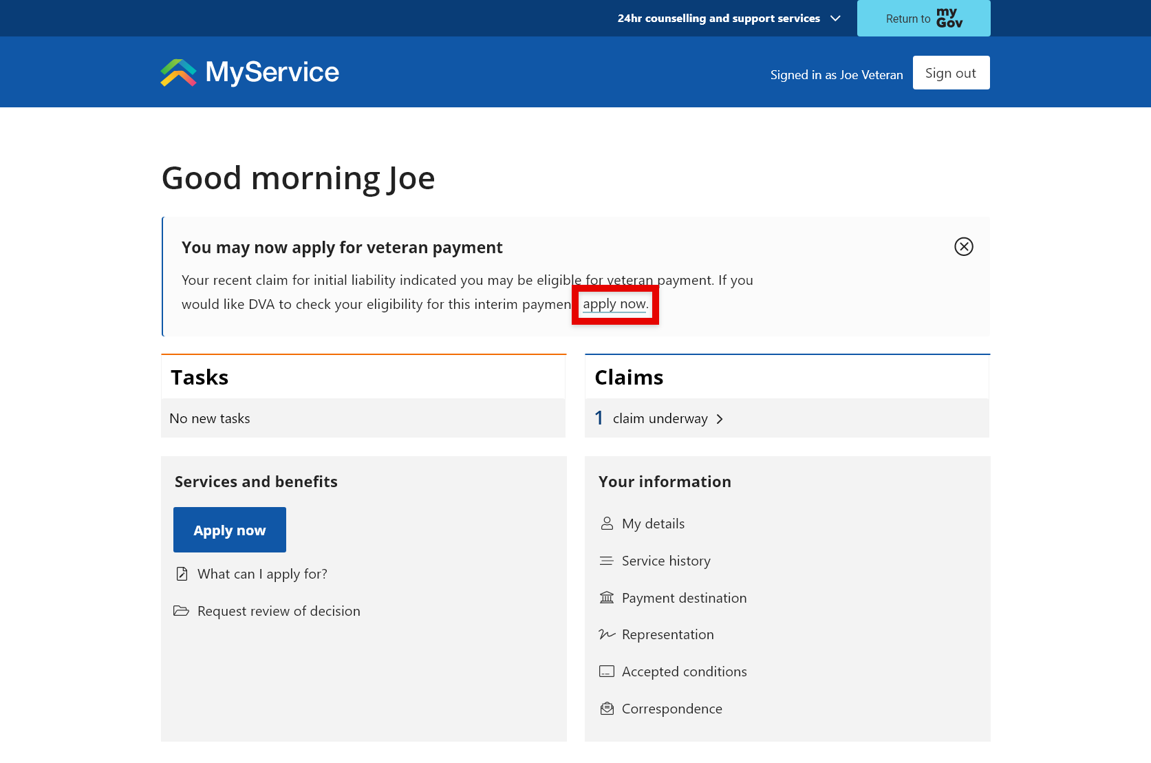 Screenshot of MyService displaying example screens to apply for Veteran Payment step one