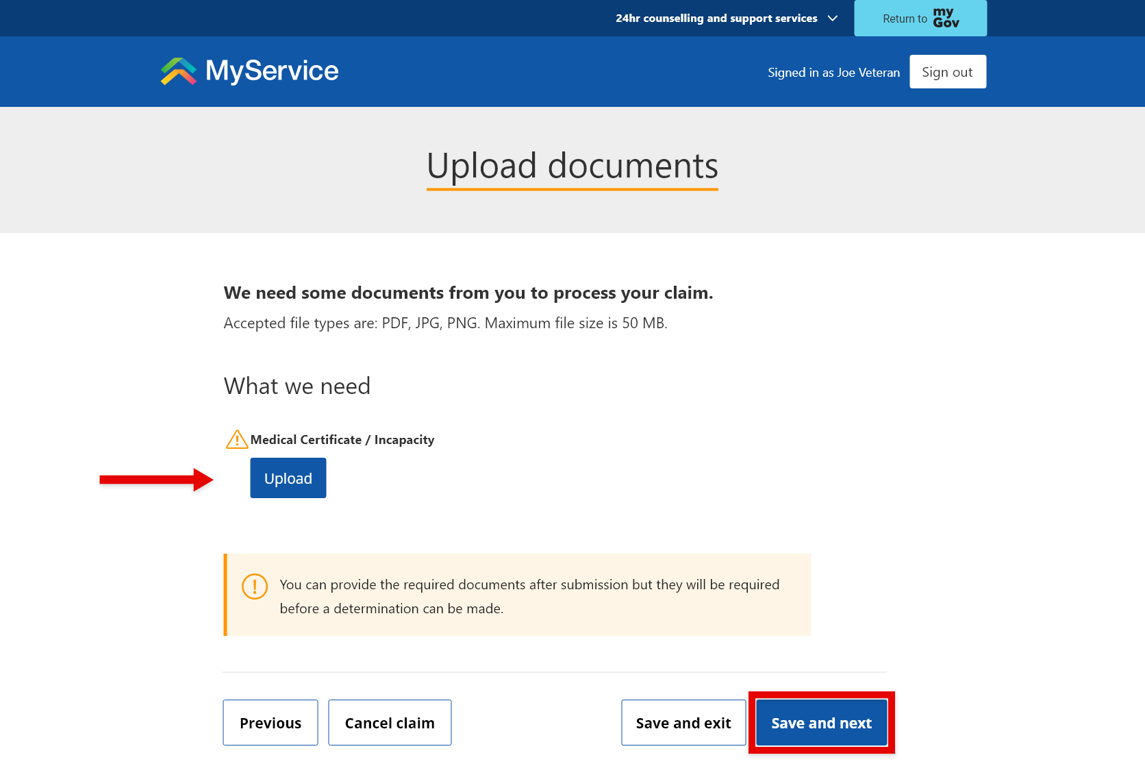 Screenshot of MyService displaying example screens to apply for Veteran Payment step three