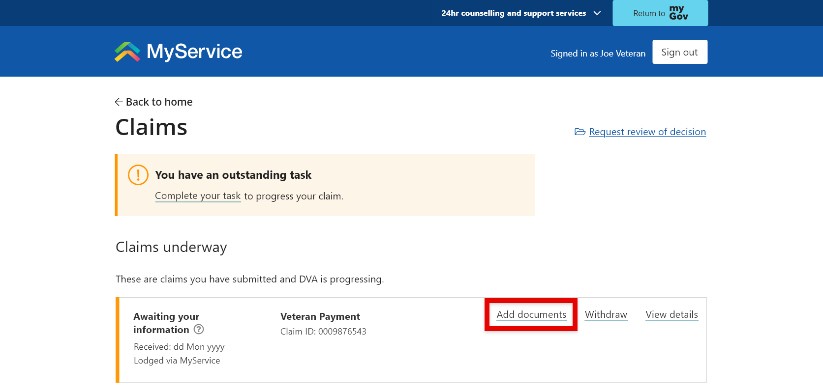 Screenshot of MyService displaying example screens to apply for Veteran Payment step four
