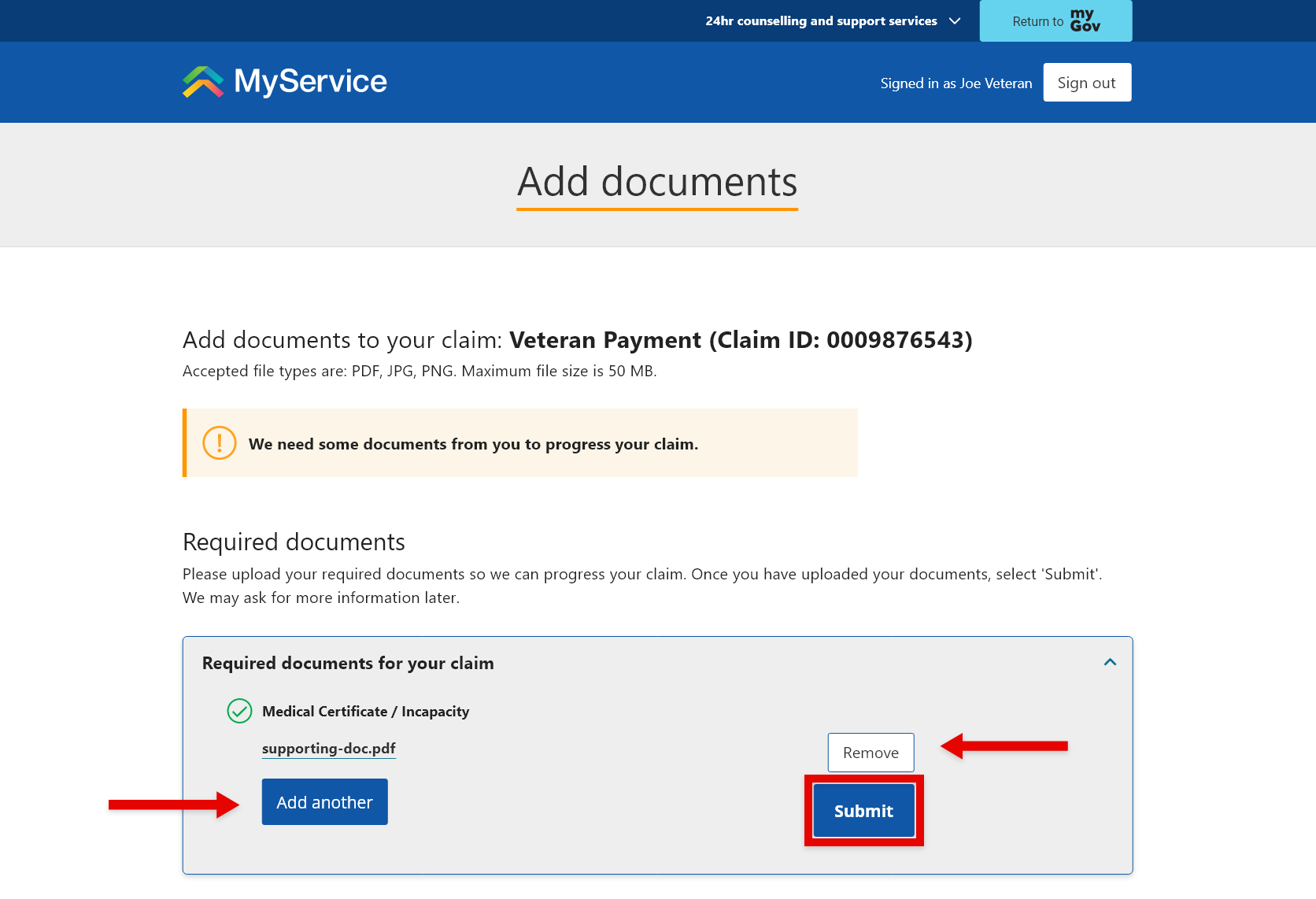 Screenshot of MyService displaying example screens to apply for Veteran Payment step four part 2