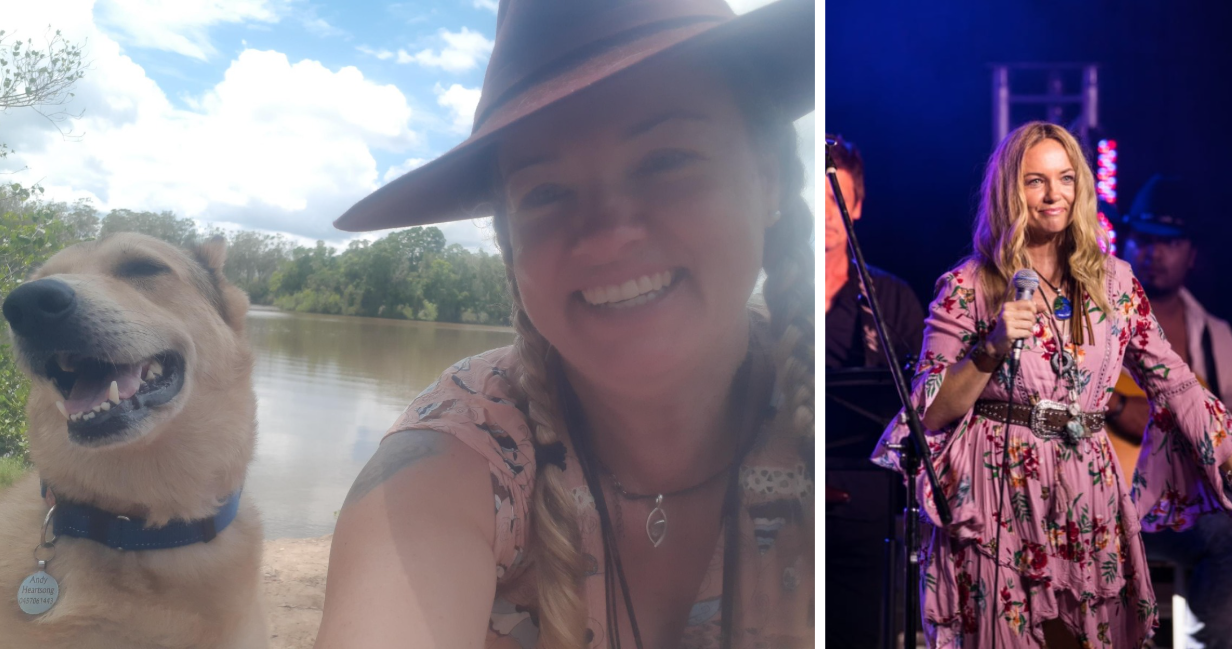 Two images of Afghanistan veteran Amanda Heartsong, one of Amanda by a river and one of Amanda performing on stage.