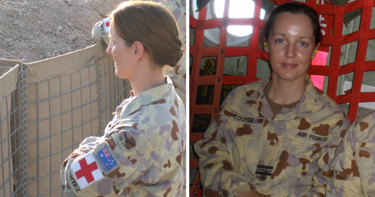 Two images of veteran Sharon Bown in Afghanistan and returning from her deployment. 