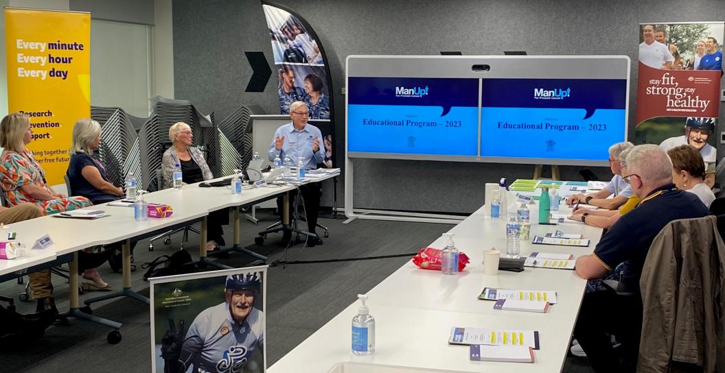 Mens Health Peer Education (MPHE) volunteer John Hunter shares his lived experience with prostate cancer at a MHPE volunteer men's health education training session