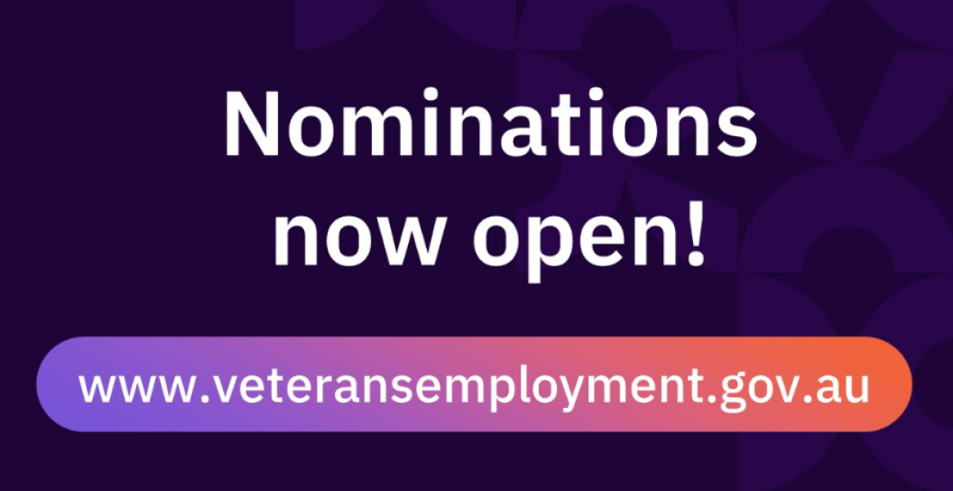 Text 'nominations now open' and web address to veteran employment website