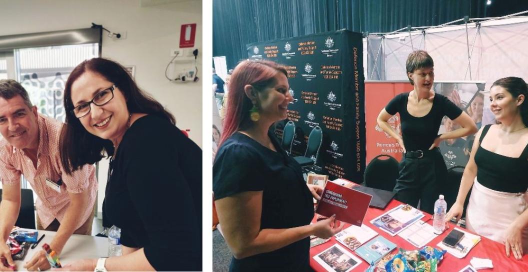 Men and women staffing information booths at an event