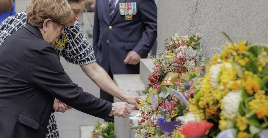 Commissioner Gwen Cherne, the Veteran Family Advocate, and war widow Jenny Ware at The Cenotaph in Martin Place, Sydney