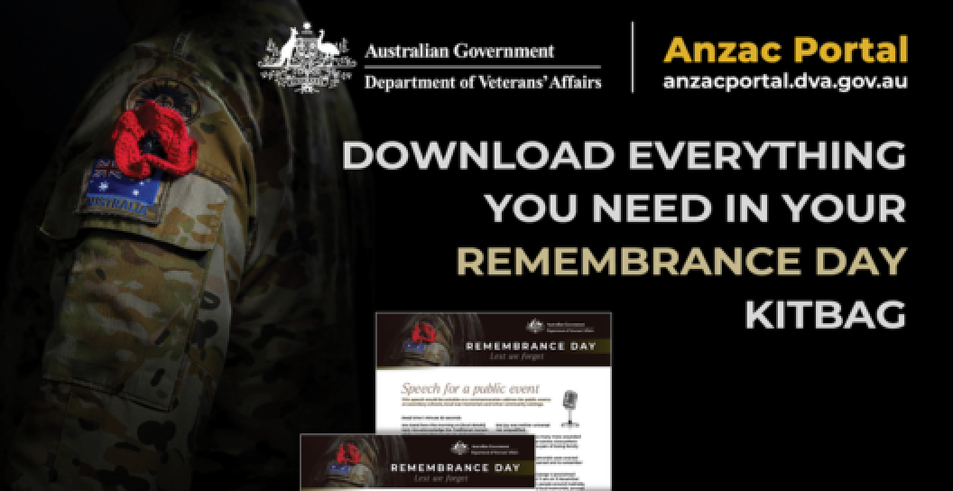 A photo of an Australian Army members shoulder with a crocheted poppy and imagery of the Remembrance Day kitbag