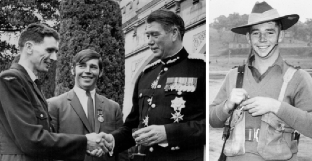 Two photos side by side, one of two men being congratulated for bravery, the second, a photo of the late Private Richard Norden in uniform