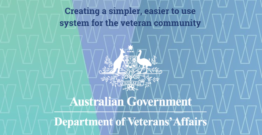 Aqua, light blue and dark blue background with the words Creating a simpler and easier to use system for the veteran community