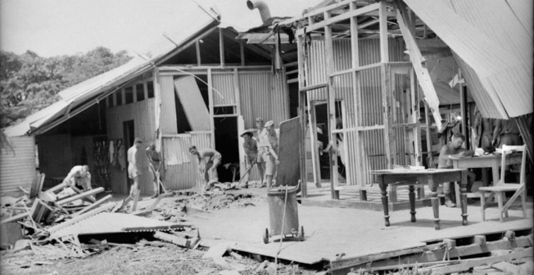 Australian servicemen in Darwin repairing a bombed building after the second air raid by Japanese warplanes on 19 February 1942.