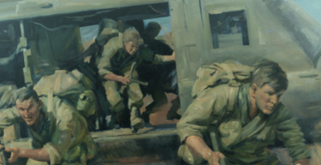 A painting of Australian soldiers exiting a Huey helicopter.
