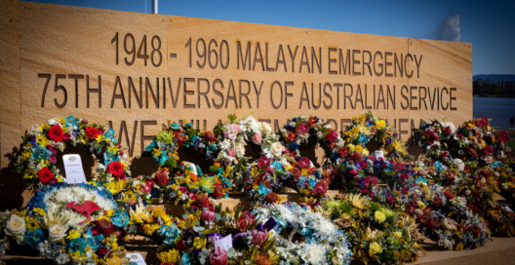 Wreaths placed in commemoration of the 75th anniversary of Australian service in the Malayan Emergency.