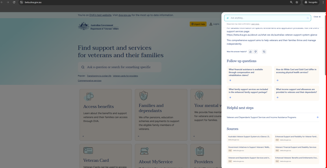 Image of DVA's new AI enabled search