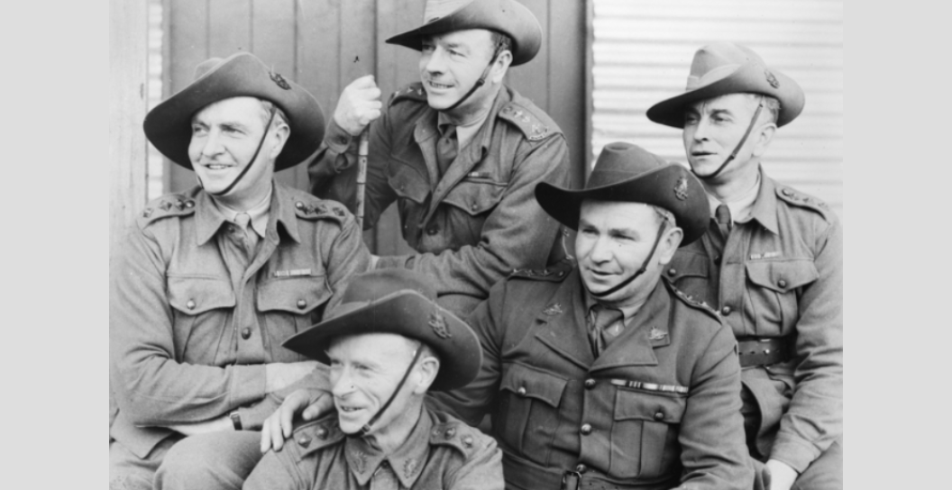First World War veterans enlisted as army instructors to train the 2nd Australian Imperial Force, Victoria, c. July 1941. Photographed by Ted Cranstone for the ‘Making of an Anzac’ recruitment campaign.