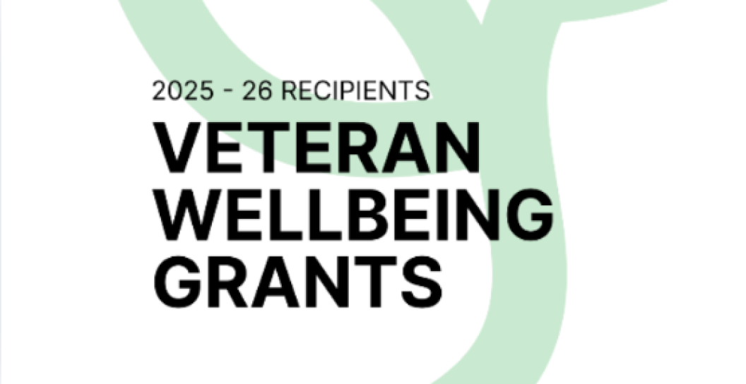A tile with text "Veteran Wellbeing Grants" and a leaf element in the background