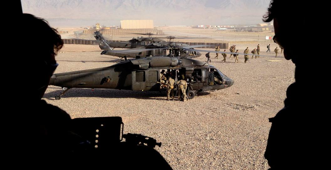 Australian Army Special Operations Task Group soldiers land in a US Army Black Hawk helicopter at Tarin Kowt after a 'shura' (town meeting) in Shah Wali Kot in Kandahar province, Afghanistan.