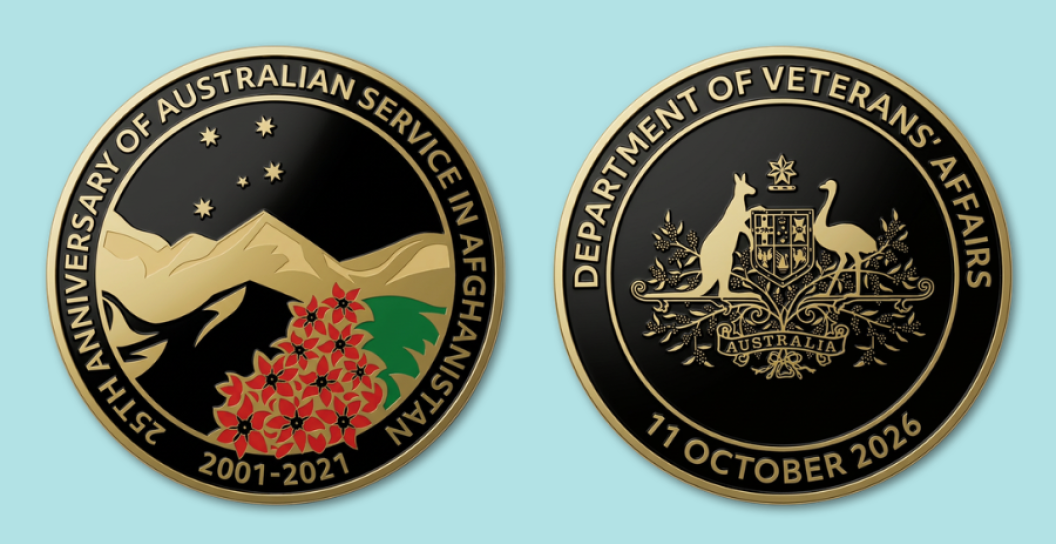 Image of the front and back of the commemorative coin on a blue background