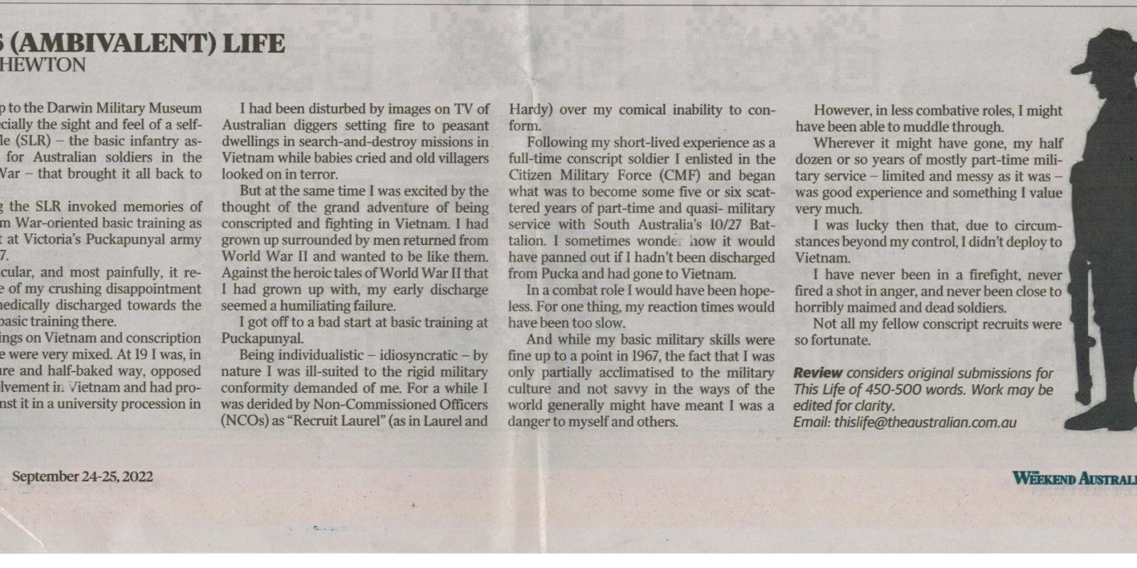 Newspaper article featuring personal reflection from National Service.