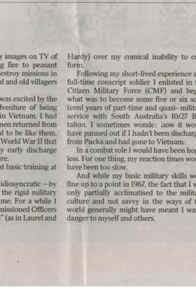 Newspaper article featuring personal reflection from National Service.
